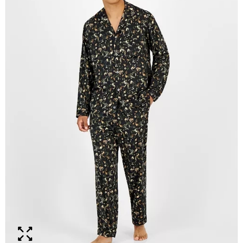 INC NWT Men's Black Cream Abstract Pajamas Silk Loungewear 2 Piece Set Pants Top